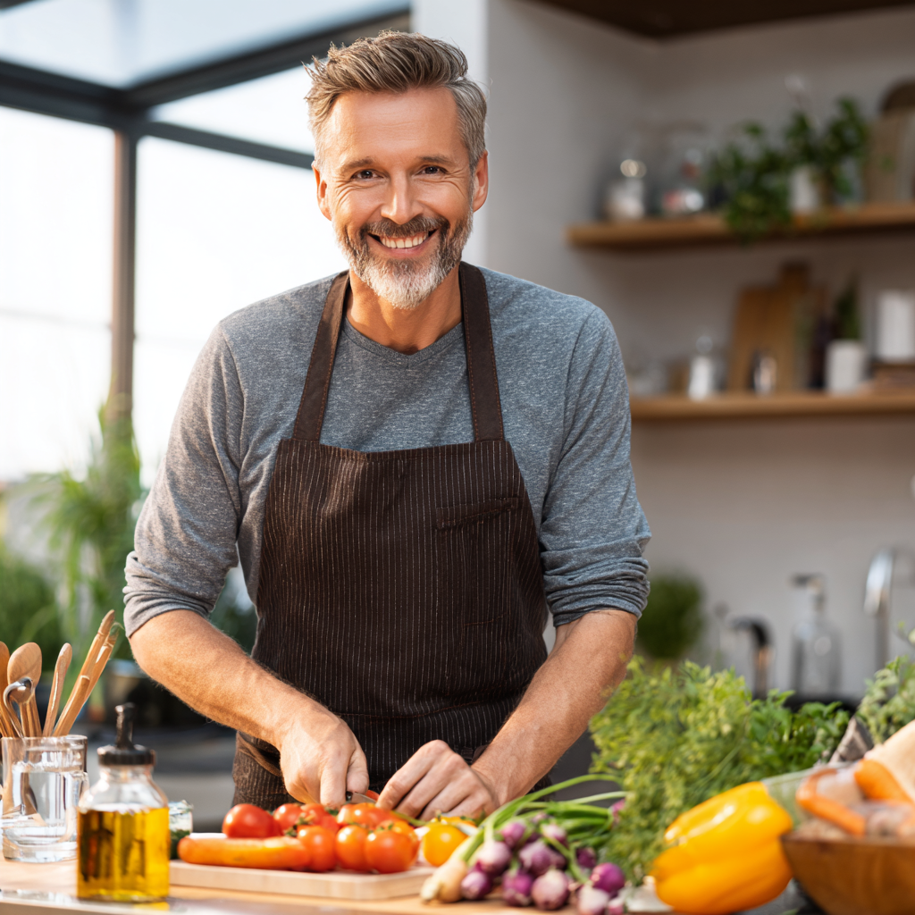 Європейська родина середнього віку веселиться, готуючи збалансовану їжу вдома, демонструючи економічний та здоровий підхід до харчування